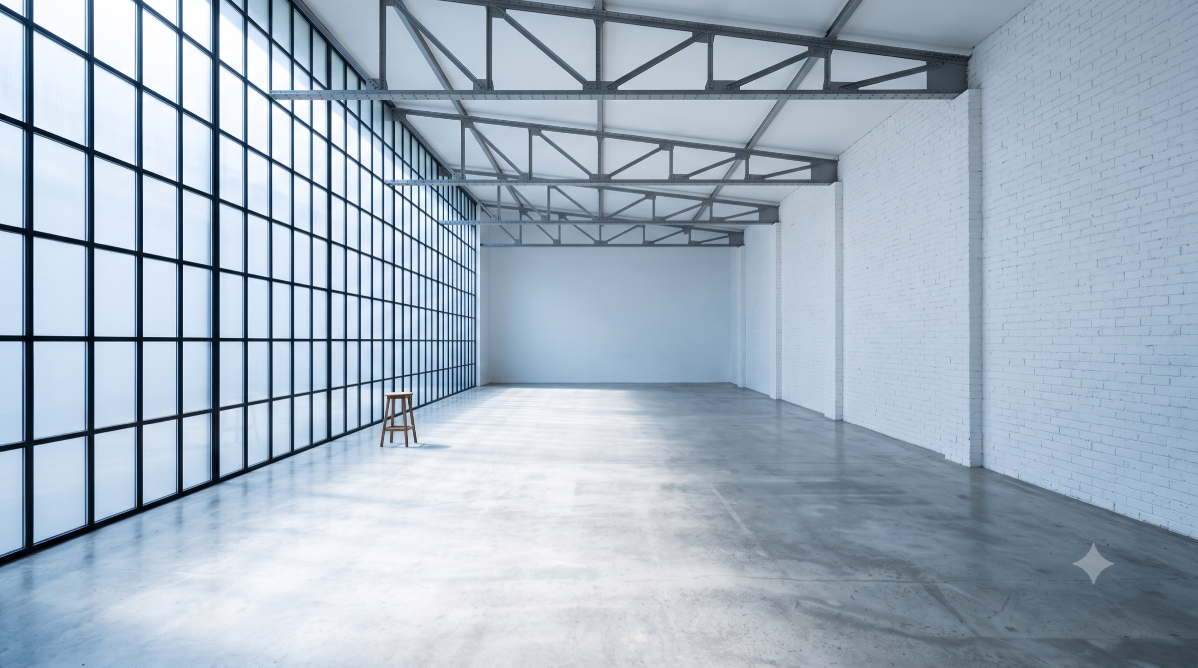 Studio North's six-meter window wall in raking morning light across an empty concrete floor